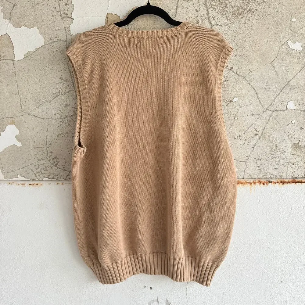 Polo Ralph Lauren Sweater Vest Vtg 90s Tan 100% Cotton Knit V Neck Hong Kong XLT